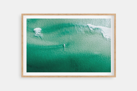 Celito Sufer, Australian Coastal Wall Art Prints by Explore By More. Australian Landscape Photographer. Framed print in raw oak.