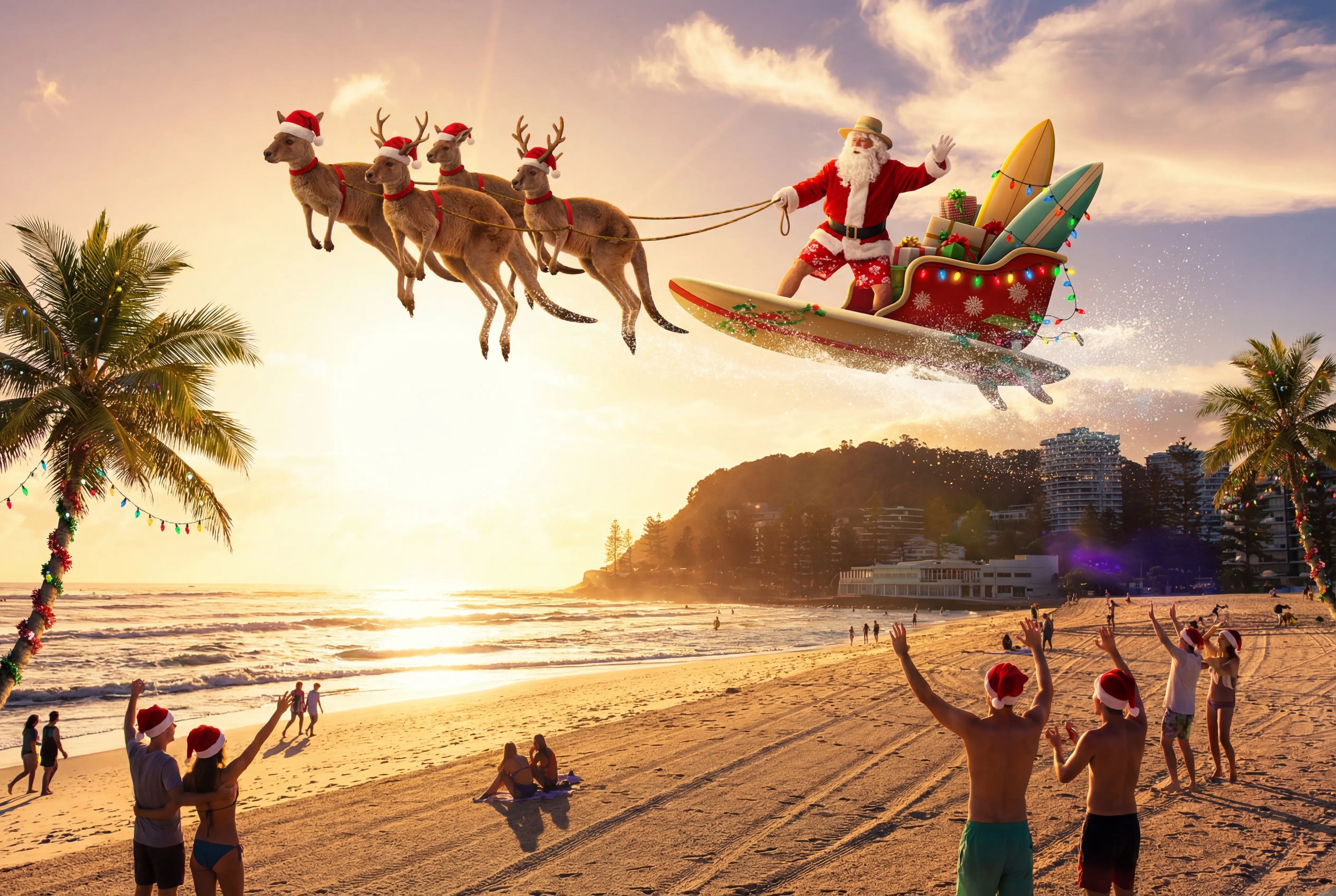 Santa Claus flying over a beach with dogs on leashes, people watching, palm trees, and buildings.